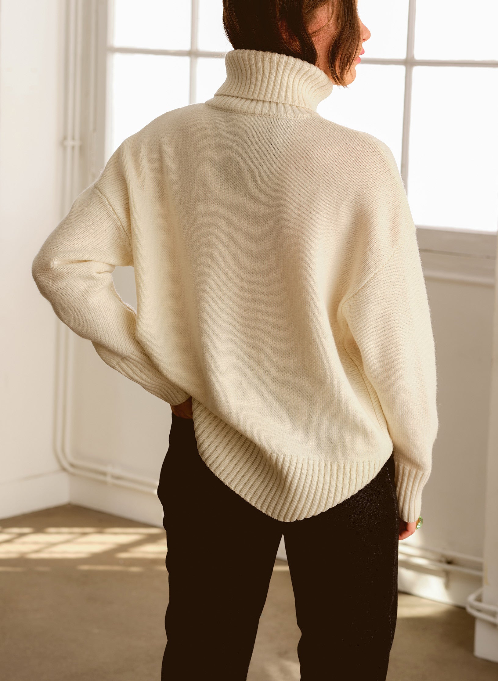 pull oversized col roule ecru laine ecoreponsable ecru