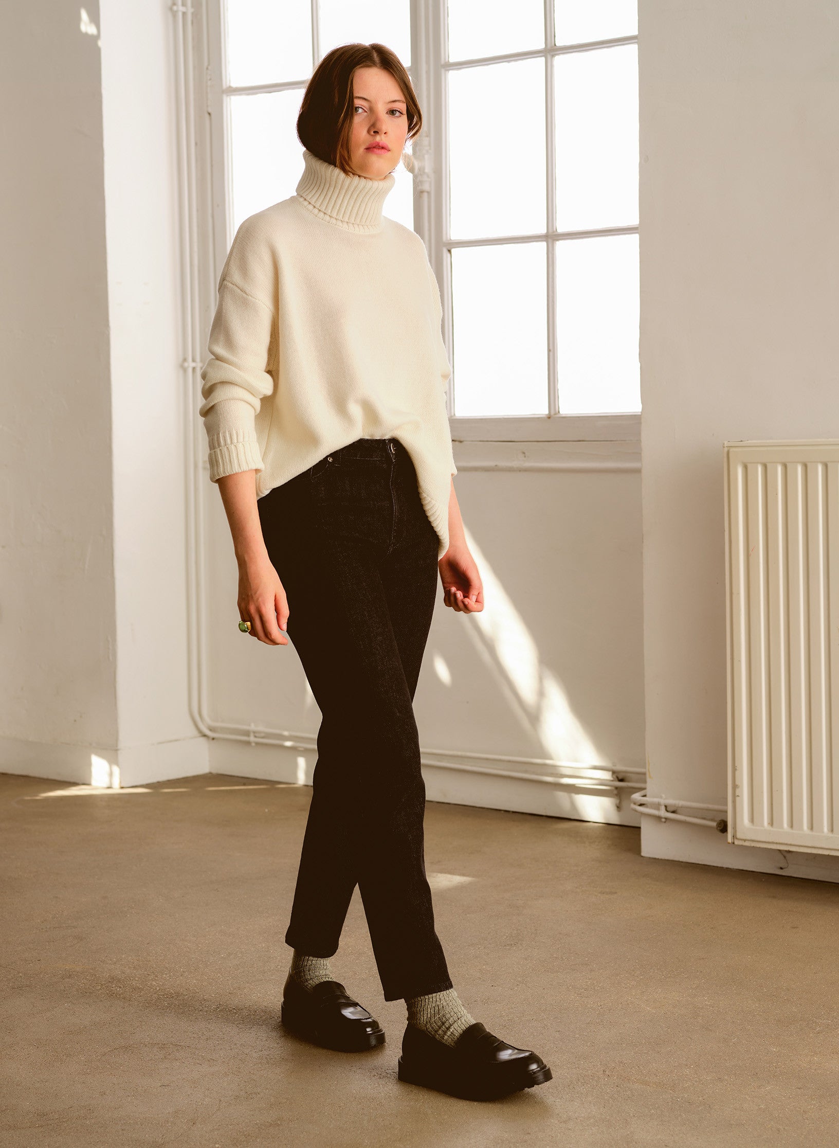 pull oversized col roule ecru laine ecoreponsable ecru