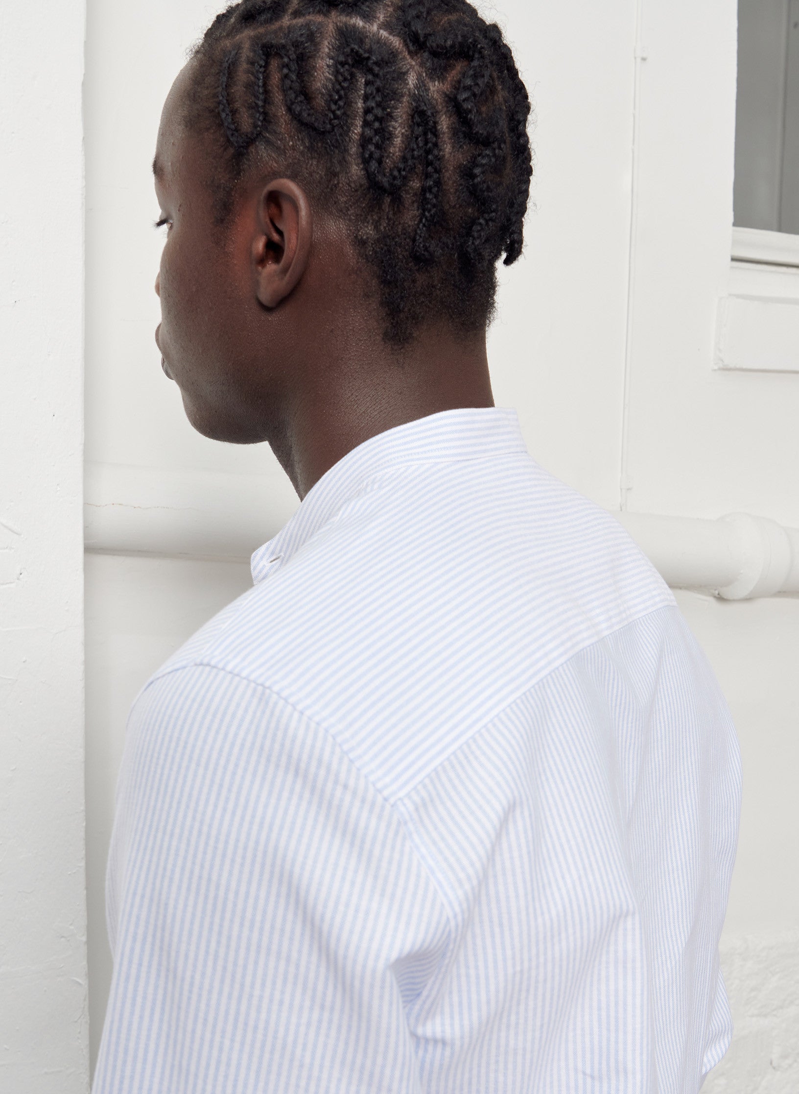 chemise col mao raye homme bleu