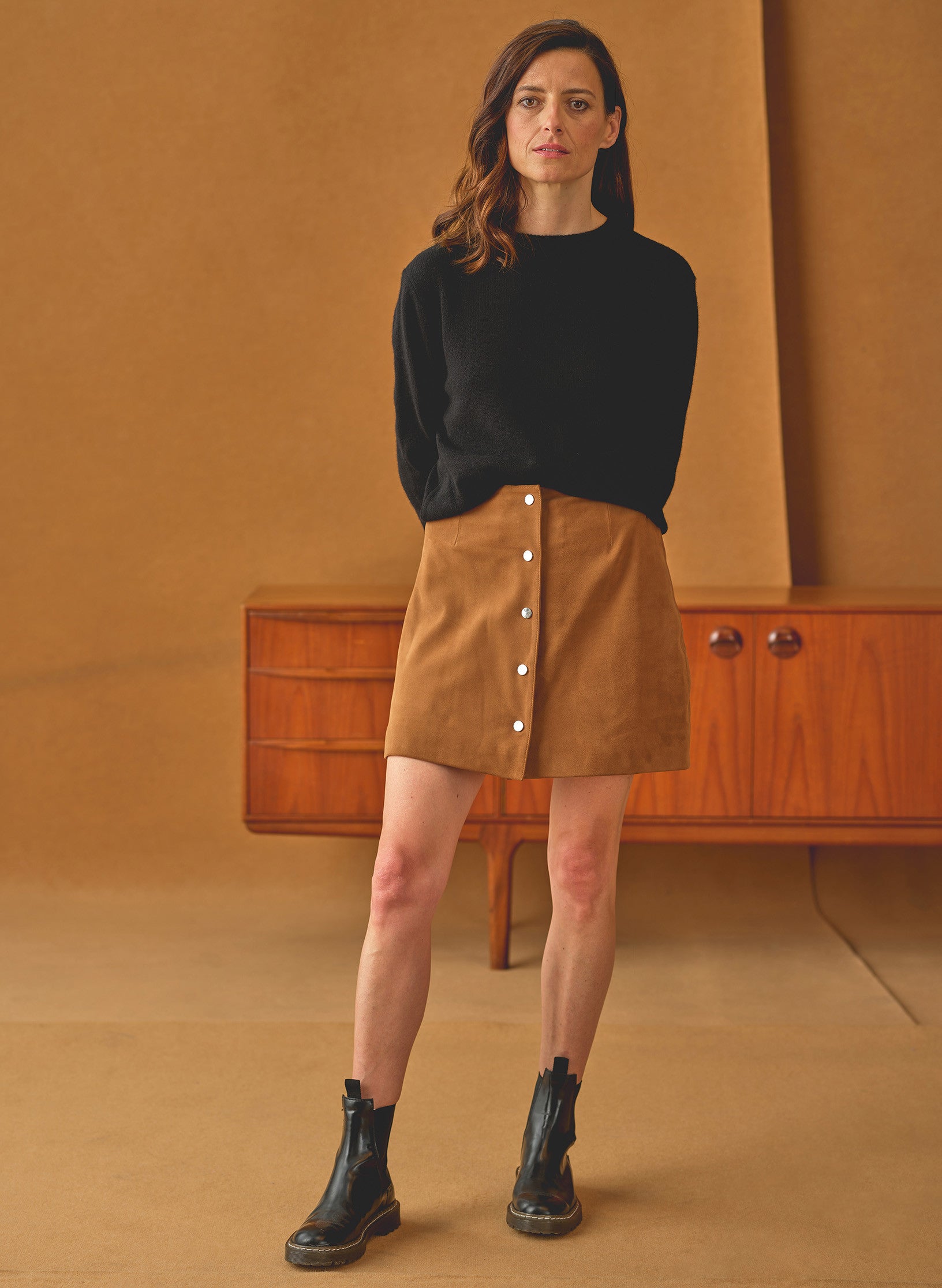 jupe pression daim cognac femme