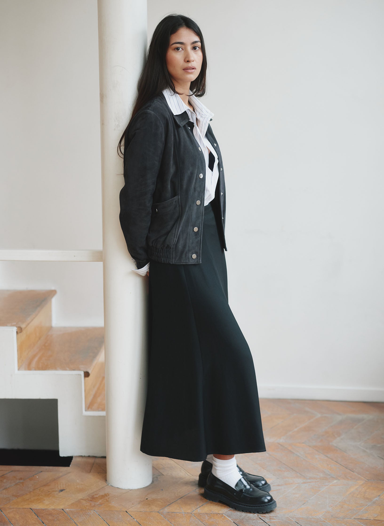 jupe evasee crepe noir femme