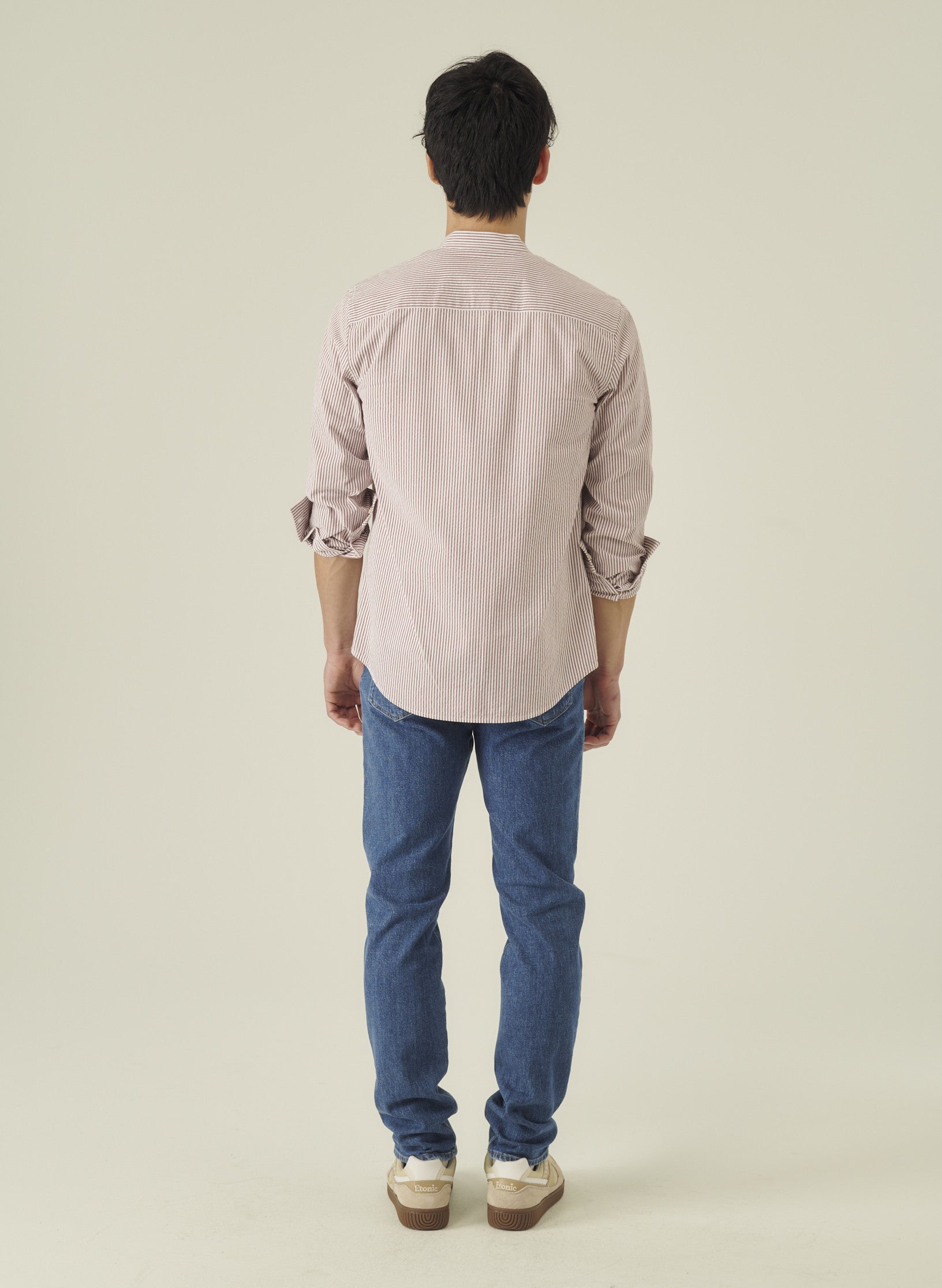 chemise col mao seersucker marron homme