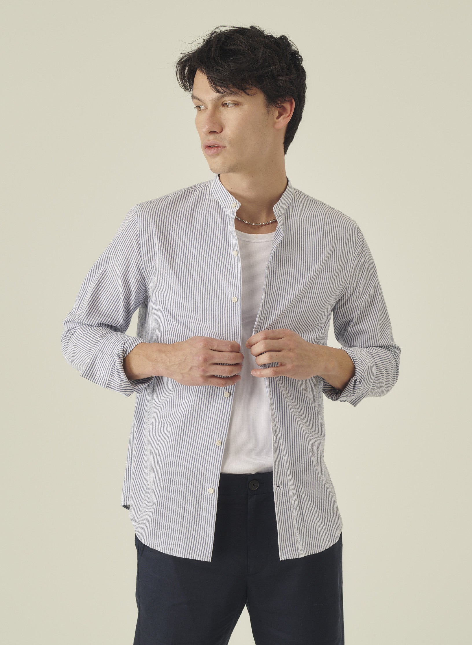 chemise col mao seersucker raye bleu homme coton oekotex