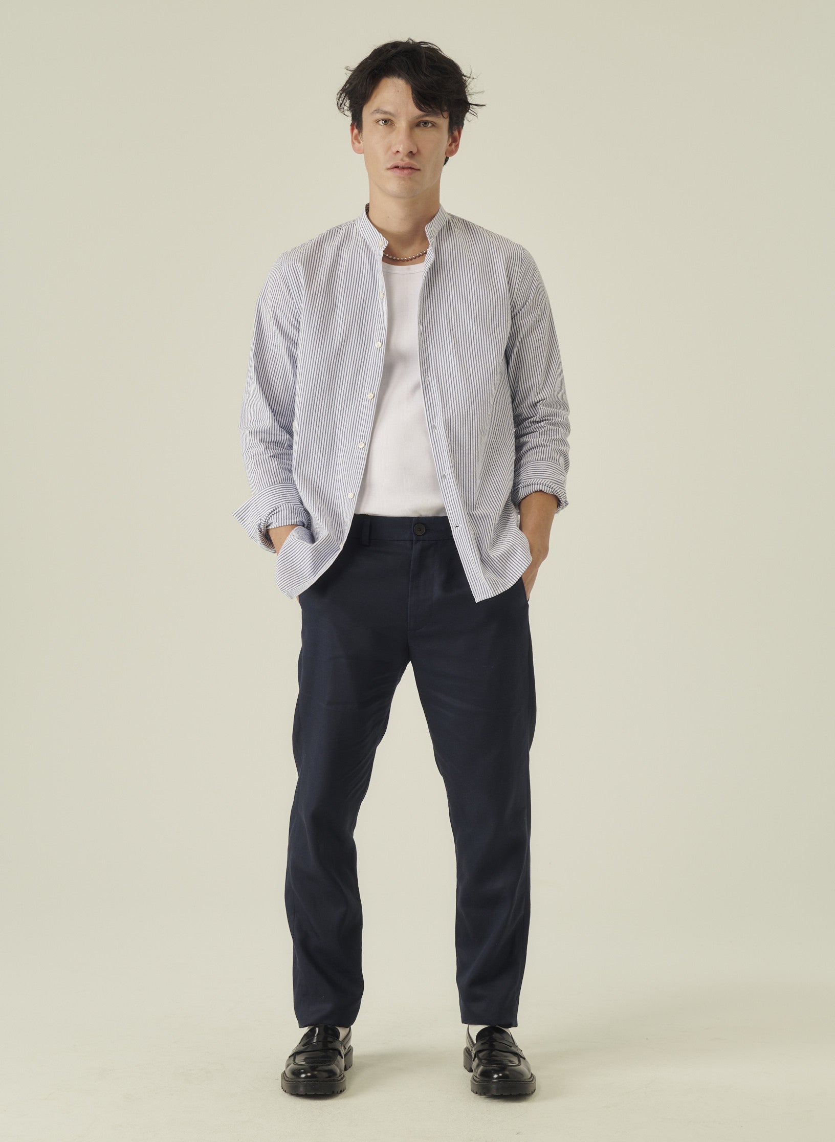 chemise col mao seersucker raye bleu homme coton oekotex