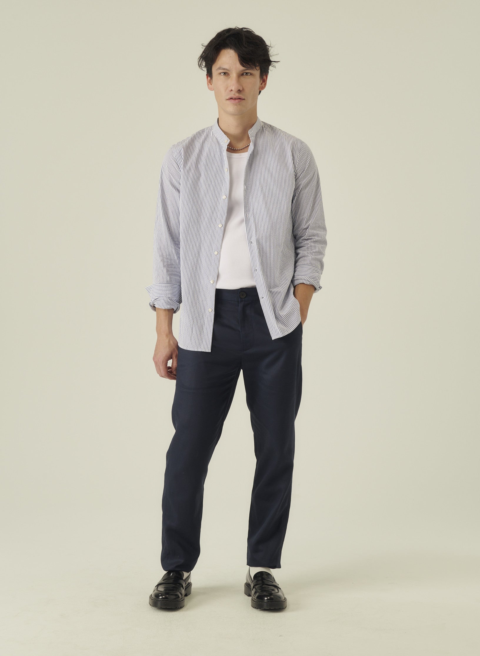 chemise col mao seersucker raye bleu homme coton oekotex