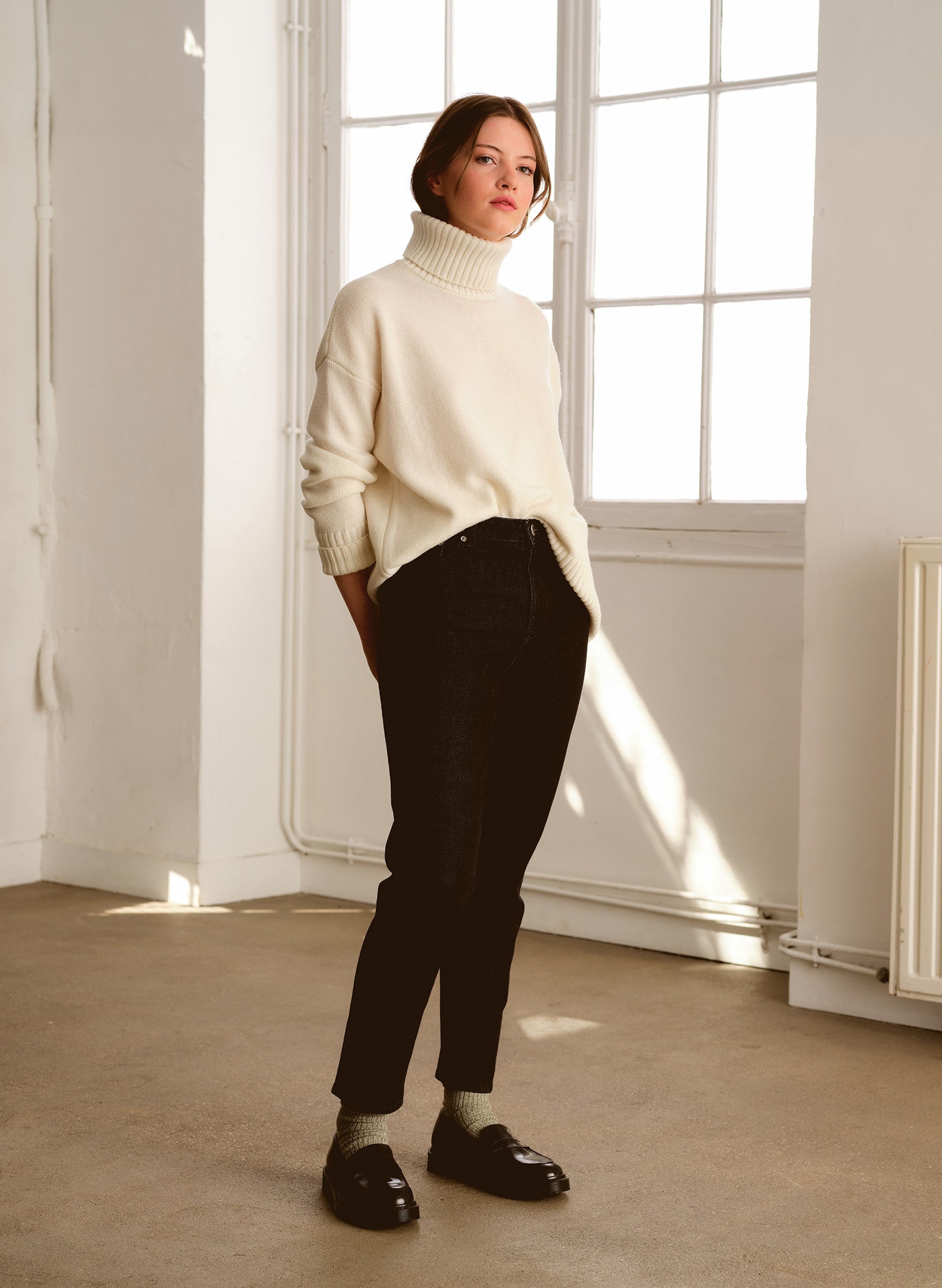 pull oversized col roule ecru laine ecoreponsable ecru