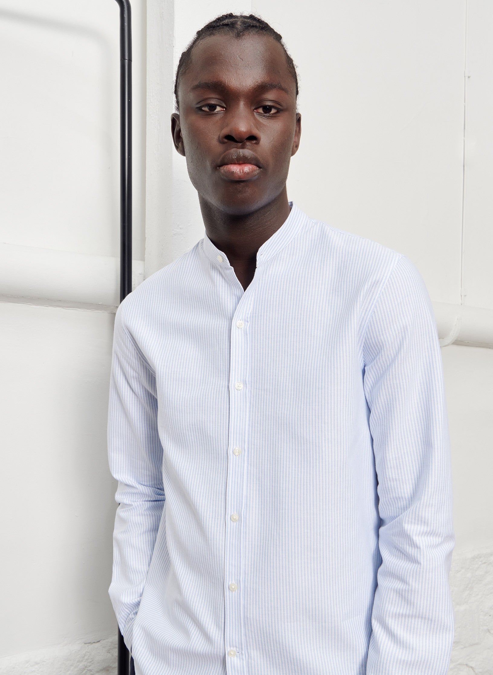 chemise col mao raye homme bleu