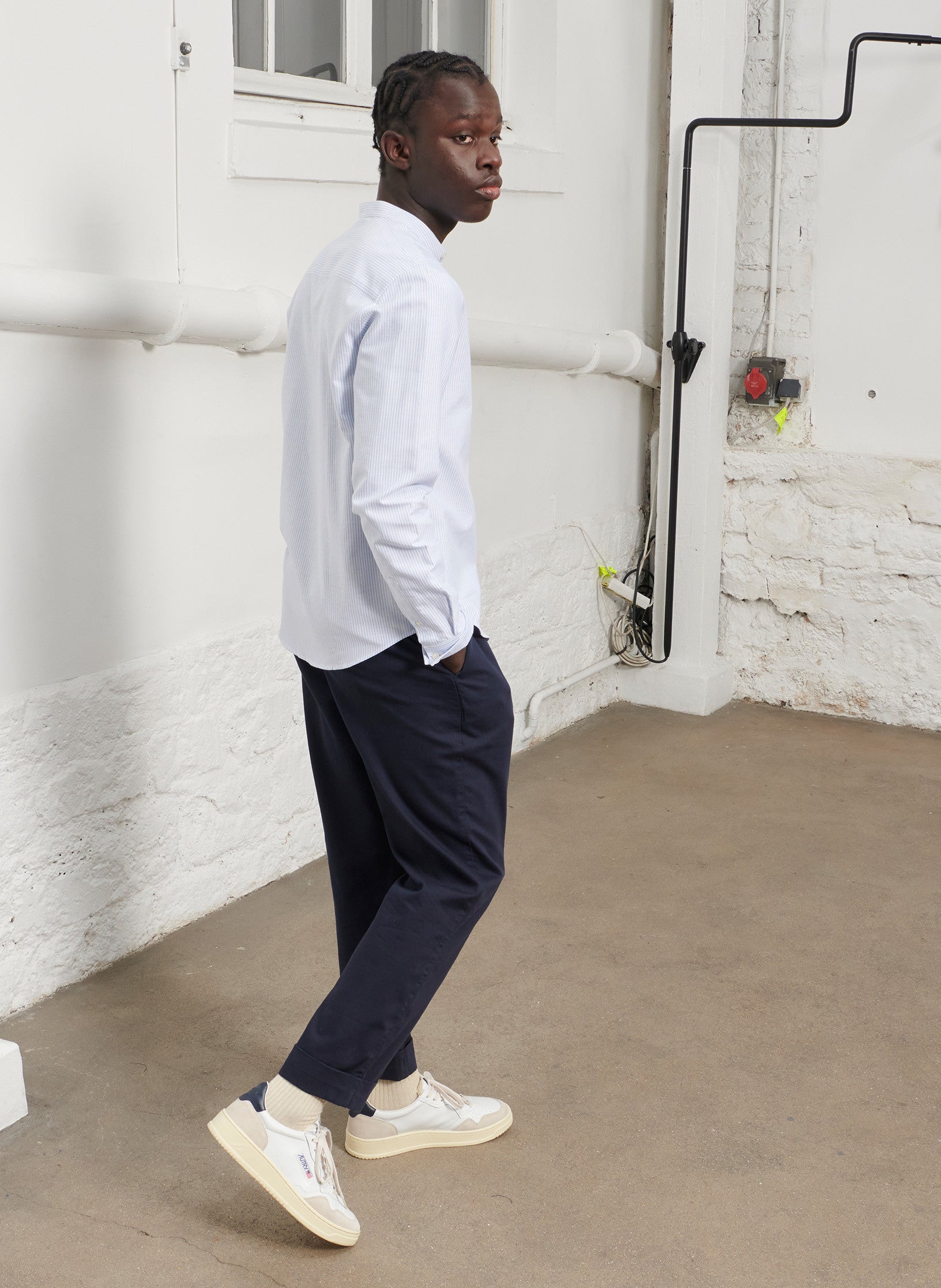 chemise col mao raye homme bleu