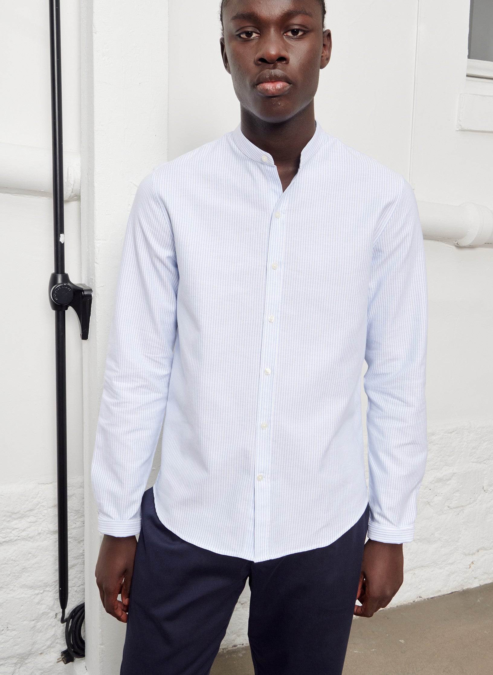 chemise col mao raye homme bleu