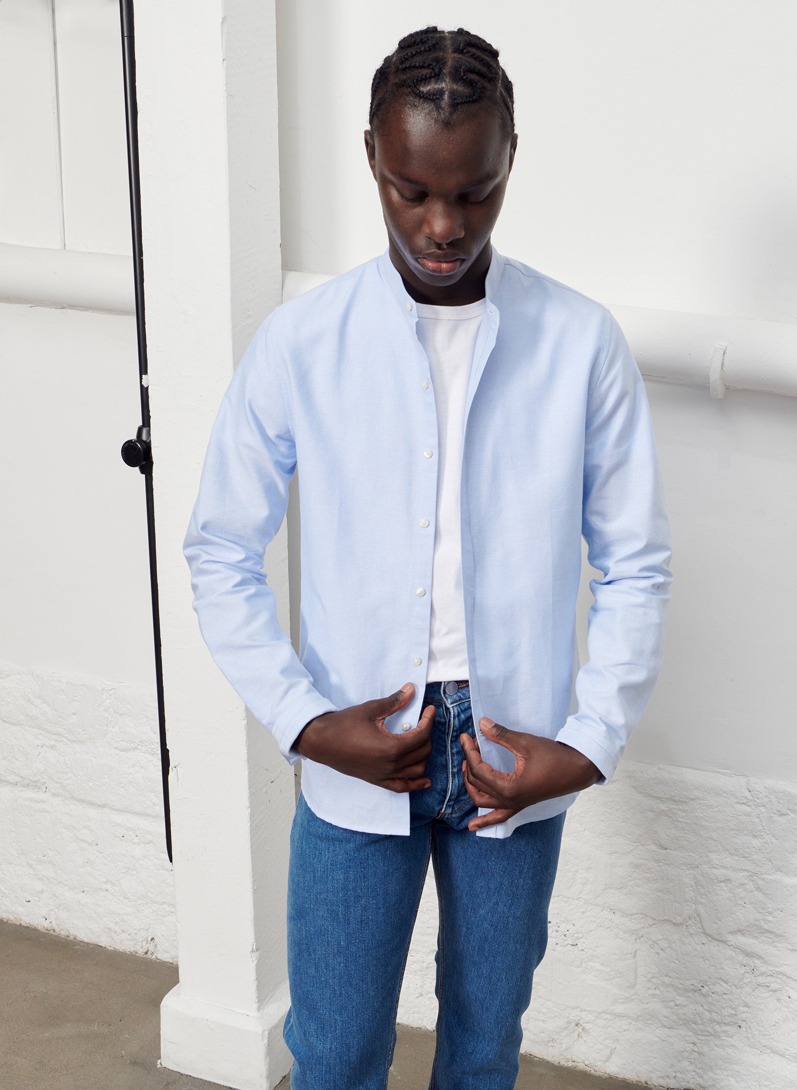 chemise col mao homme bleu