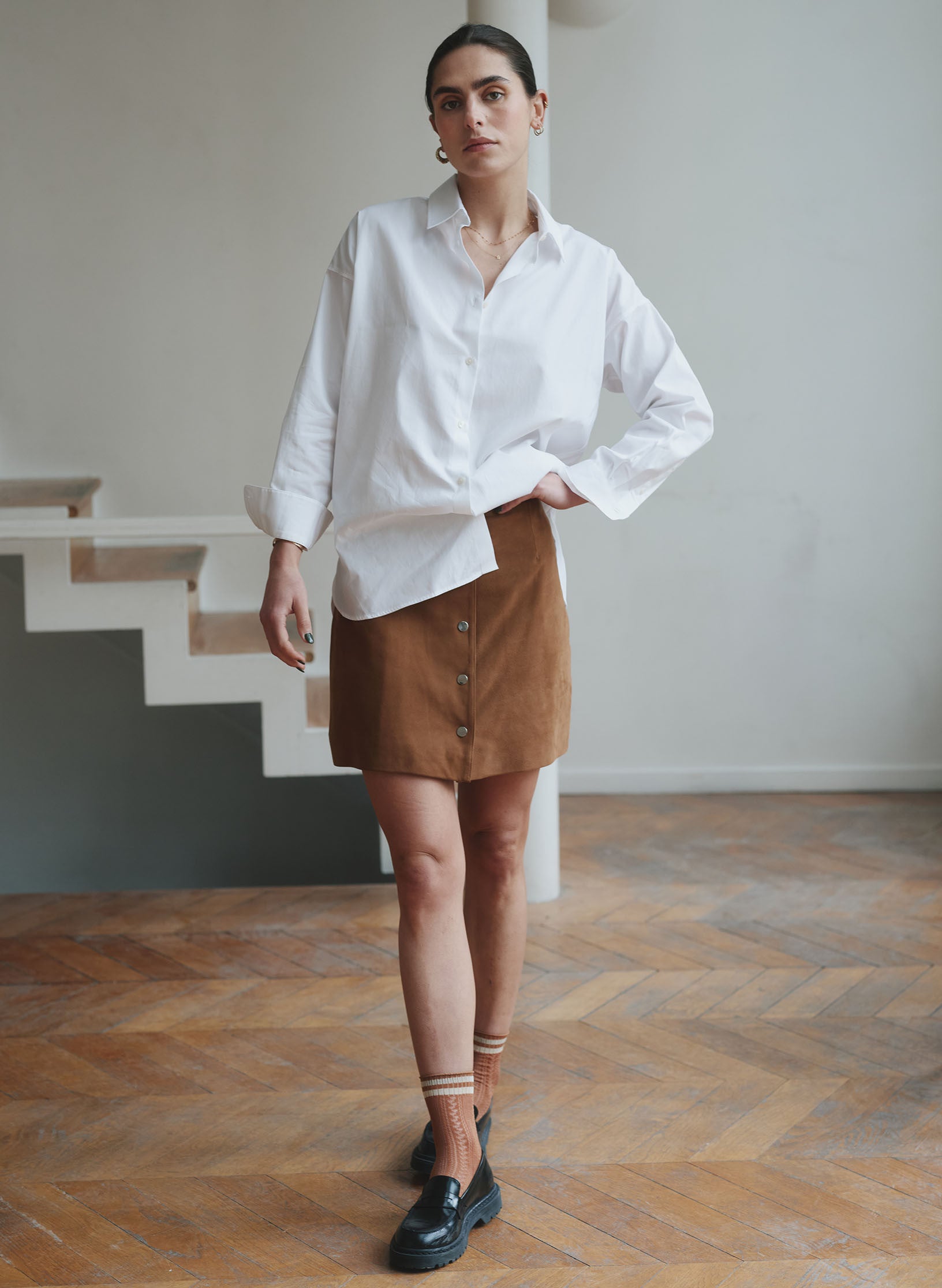 jupe pression daim cognac femme