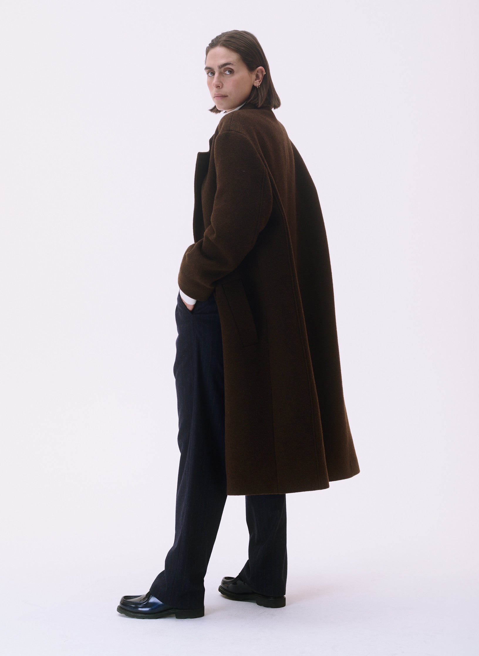 manteau croise laine unisexe homme femme acajou marron