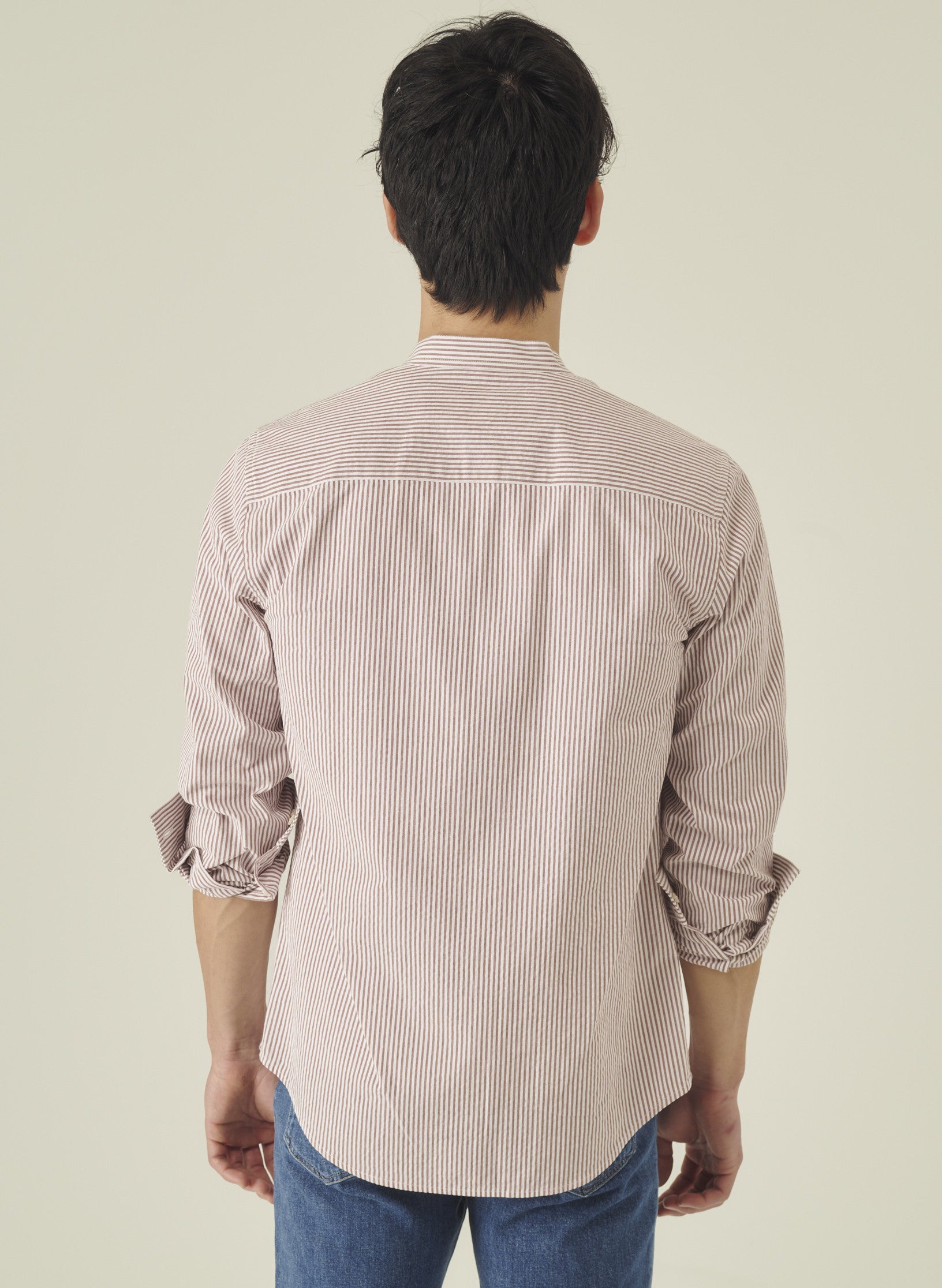 chemise col mao seersucker marron homme