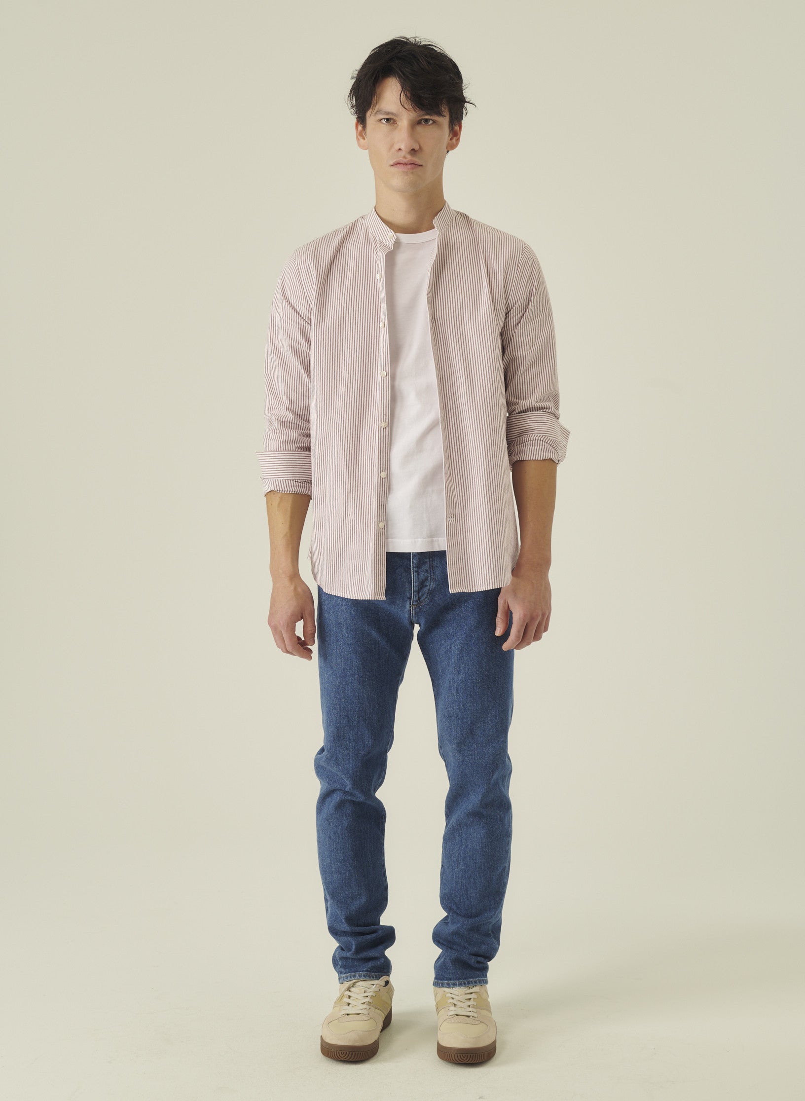 chemise col mao seersucker marron homme