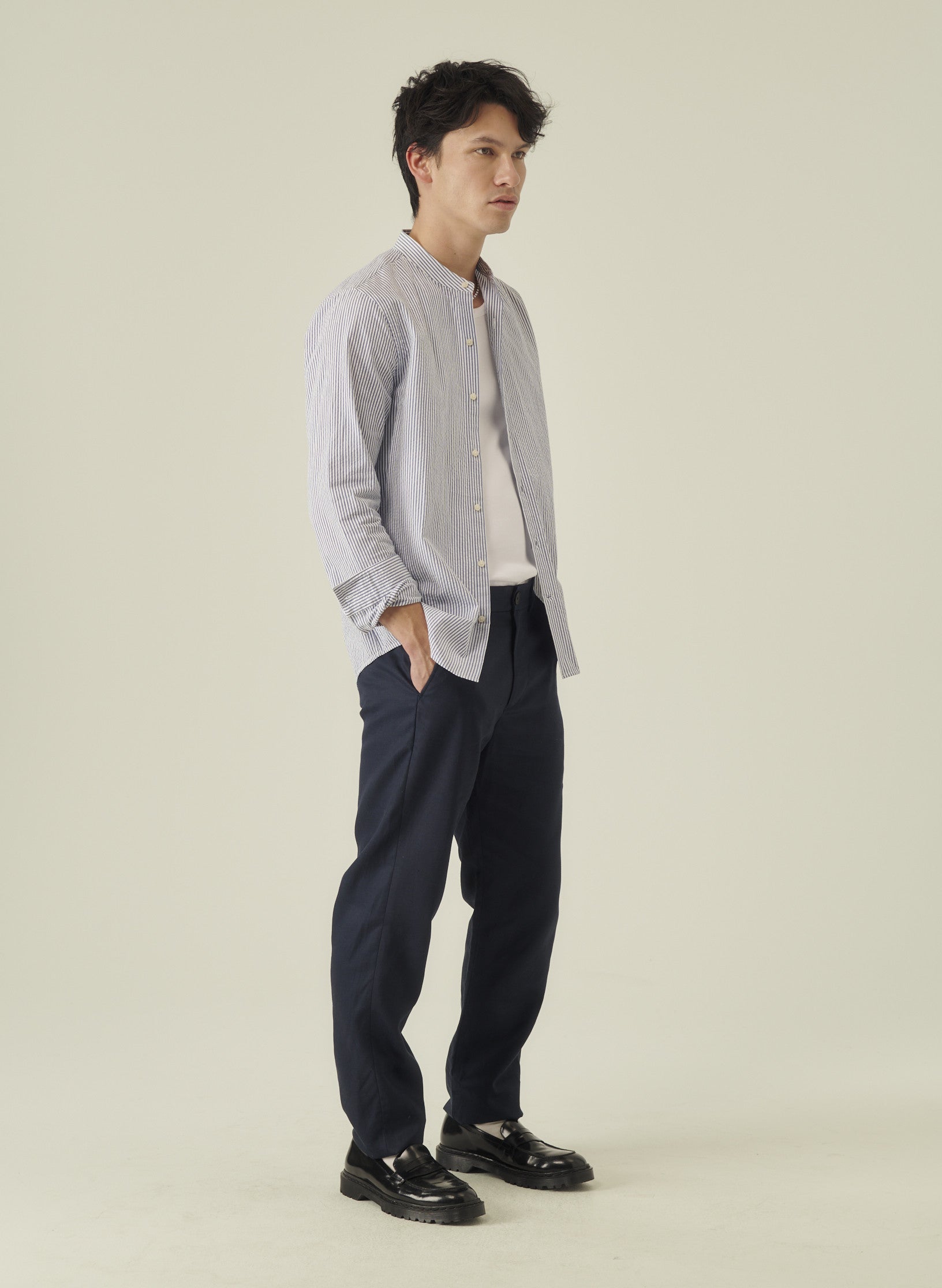 chemise col mao seersucker raye bleu homme coton oekotex